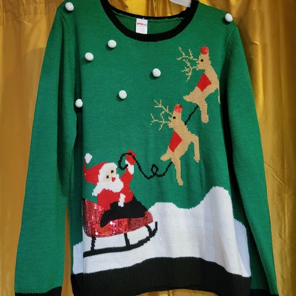 Santa Sequin Sleigh Christmas Sweater Green Holiday Time XL - Picture 5 of 8